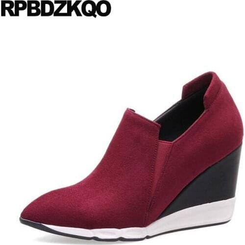 2017 Pointed Toe Wedge Wine Red Spring Fashion Women Pumps Chic Size 4 34 Black High Heels 3 Inch Suede New Spring Autumn China