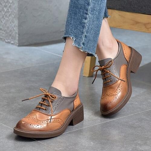2021 spring and autumn vintage British style leather womens shoes lace-up broch low-top single shoes cowhide mid-heel shoes
