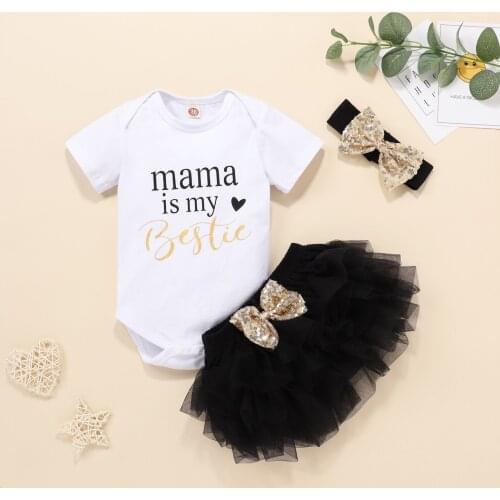 3 PCS Baby Girl Outfits Short-Sleeved Round Neck Letter Printed Romper + Net Gauze Fluffy Skirt + Sequin Bow Headband