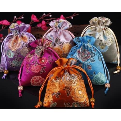 Thicken Peony Flower Small Jewelry Gift Bag Drawstring Silk Brocade Packaging Pouch Trinket perfume Makeup Tools Storage Pocket