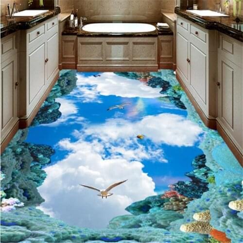 Beibehang Large custom paste ocean blue sky and white clouds birds 3D bathroom kitchen walkway floor to paste