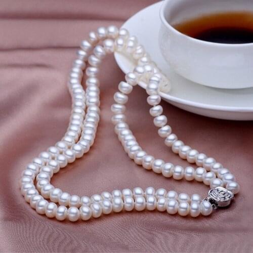 Noble women gift Jewelry Silver Clasp Fine 9-10MM 100% Natural Real 2ROW Freshwater Pearl Necklace