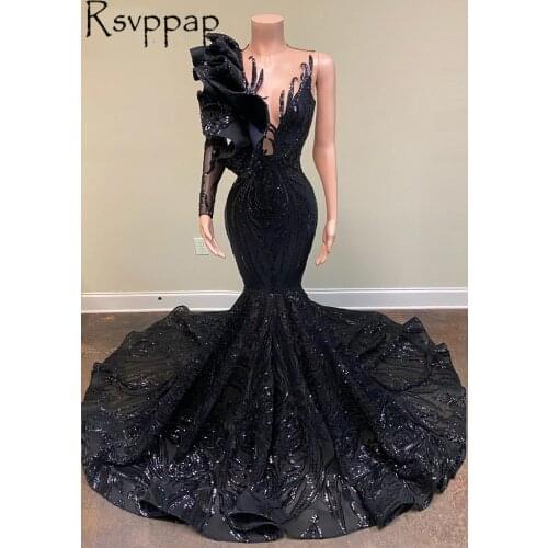 Black Mermaid Long Prom Dresses 2021 Sparkly Sequin Ruffle Right Shoulder Sheer Top Single Sleeve African Girl Prom Dress