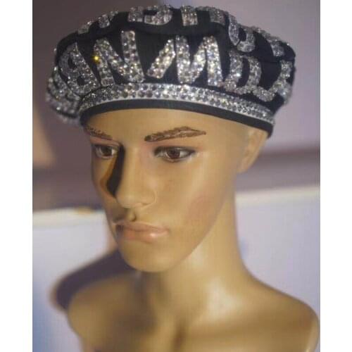 Bar Male DJ Costume Rhinestone Hat Black Beret Rave Headdress Nightclub GOGO Dancer Men Evening Show Wear Singer Stage Outfit