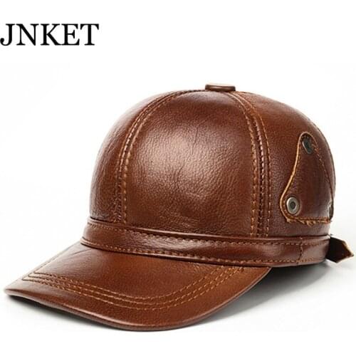 JNKET New Autumn Winter Mens Cowhide Baseball Cap Outdoor Sports Windproof Hat Warm Earflaps Cap Baseball Hat Casquette Gorras