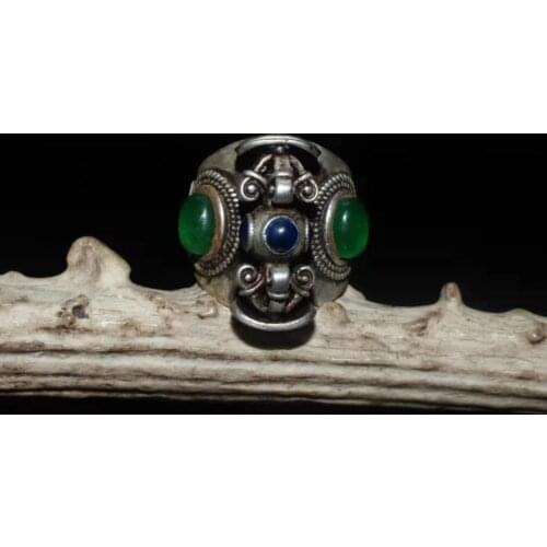 Collection Chinese old Tibetan silver cloisonne inlaid greenstone jade transshipment Dharma-vessel ring