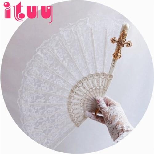 Cross Black White Lace Flower Hand Fans Lolita Harajuku Vintage Gothic Style Retro Folding Hand-Held Fans Props Accessories