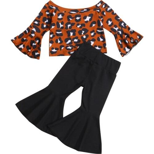 Fashion Girls Autumn Clothes Sets 2pcs Leopard Printed Flare Sleeve Off Shoulder Tops T Shirts Flare Pants Kids Outfit