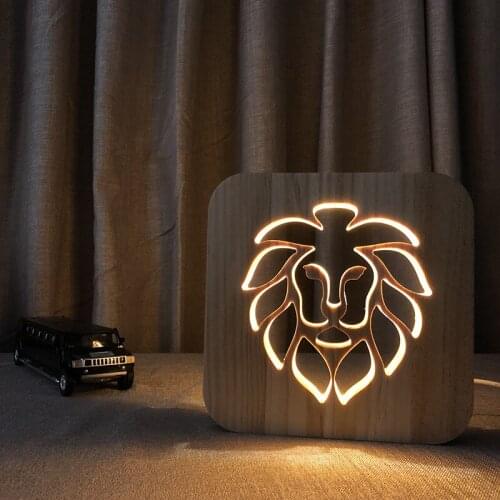Lion Head Solid Wood Desk Lamp Creative Hollow Carved KT-C New Style 3D Lights
