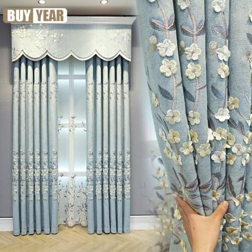 New Curtain Embroidered Fresh Embossed Shading Gray-blue Chenille Finished Product Curtains for Living Dining Room Bedroom