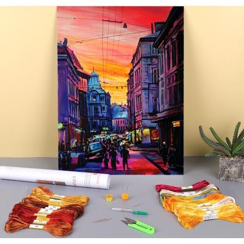Landscape Evening In Lviv Printed Canvas 11CT Cross-Stitch Full Kit Embroidery DMC Threads Handmade Handiwork Hobby Mulina