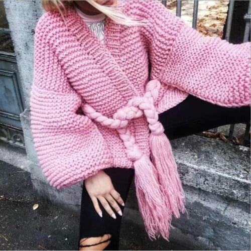 Lazy Handmade Thick Needle Knitted Cardigan Coarse Wool Sweater Kimono Lantern Sleeved Coat Outwear with Tassels Straps Belt