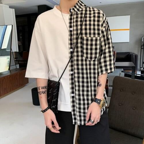 Mens Plaid Shirt Irregular Spliced Retro Fashion Korean Style Shirts for men Summer Thin Pocket Loose Short Sleeve Shirts Male