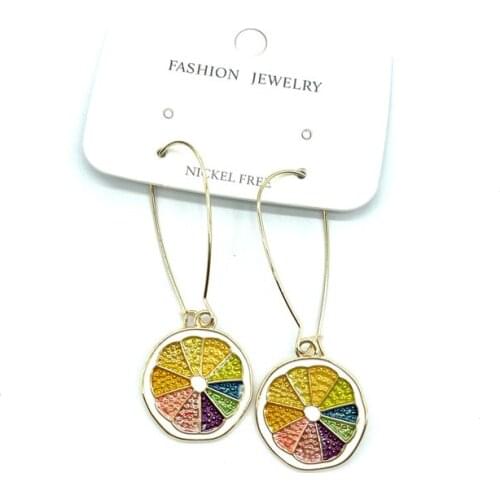 Girls Unique Design Sweet Fruit Hoop Earings Accessories Color Lemon Slice Metal Orange slice Enamel Pendant Fashion Jewelry