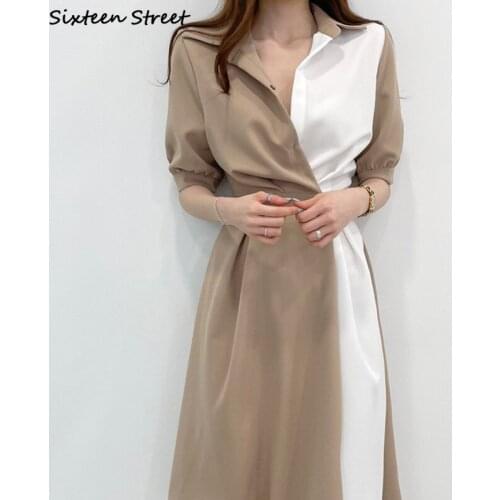 Chic Dresses for Women Autumn Patchwork Khaki Elegant Womans Dress Bodycon Korean Business One Button Dresses Fall