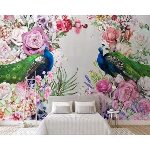 Beibehang Vinyl wall modern art hand drawn peacock flowers floral wallpaper living room background wallpaper for kids room