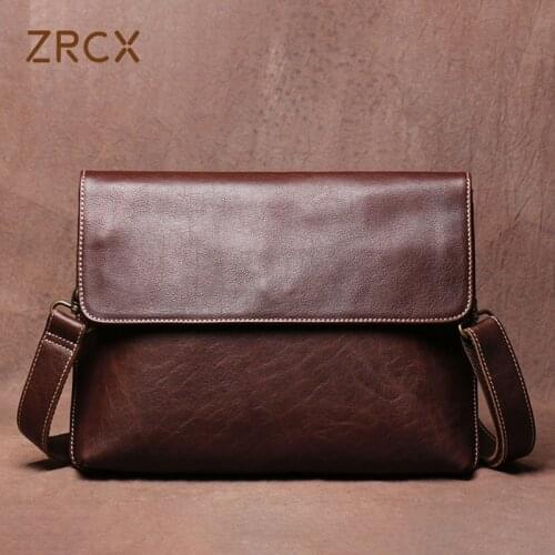 ZRCX Vintage crossbody bag Crazy Horse Genuine Leather Shoulder Men Brown Casual Classic Messenger For 9.7-Inch iPad