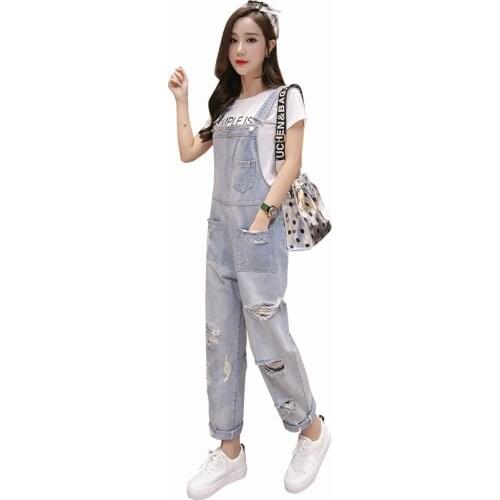 Spring Summer Personality Hole Jeans Jumpsuit Women Large Size Sling Jumpsuit Womens Jeans Denim Pants Ladies Overalls Bodysuit