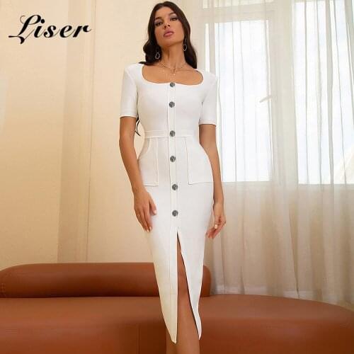 Liser 2021 New Summer Women Dress Strapless Button White Bandage Dress Sexy Bodycon Elegant Club Celebrity Party Dresses Vestido