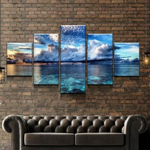Calm Waters Ocean Cloud Sky 5 Panel Canvas Picture Print Wall Art Canvas Painting Wall Decor for Living Room Poster No Framed