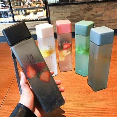 500ml Water Bottle Transparent Square Plastic Matte Drink Cup Outdoor Cold Juice Milk Sport Bottle With Portable Rope Leakproof