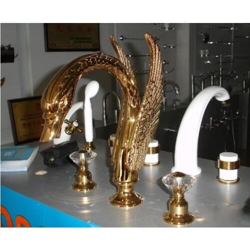 Free shipping Waterfall 8" widespread Tub Swan Faucet mixer tap Ti-gold bathtub faucet 3 holes Crystal handles