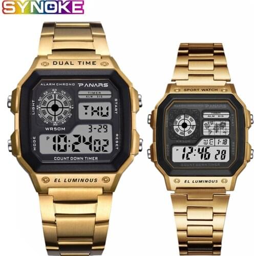 SYNOKE Gold Watch Men Women Retro Luxury Stainless steel Band Digital 5 Bar Swimming Waterproof Lover WristWatch