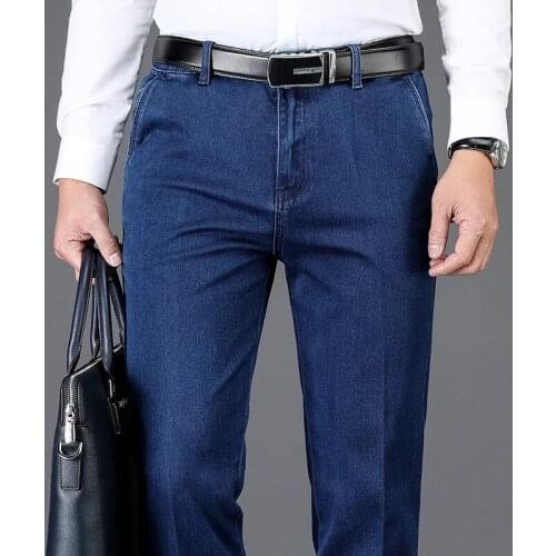 Classic Style Summer Mens High Waist Jeans Business Casual Denim Stretch Straight Trousers Male Brand Pants