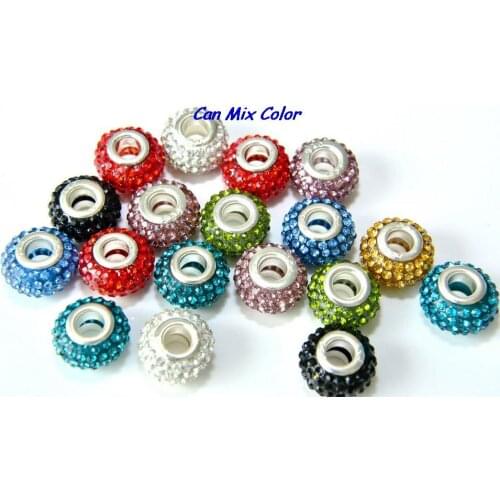 Dft543ot Mixed Crystal 14mm x10mm Silver Plated Core Big Hole Crystal European Beads Resin Charm Bracelets Rhinestone crystal
