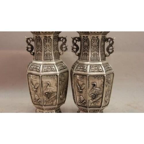 China White Copper Silver Bird Bat Crane Fish Rooster Eagle Pot Vase Pair