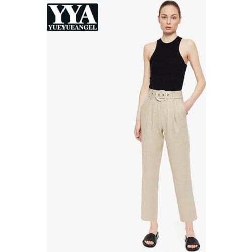 2021 Summer New High Waist Casual Slim Womens Ankle Length Pants Concise Korean Style Classic Pockets Fashion Solid Pants