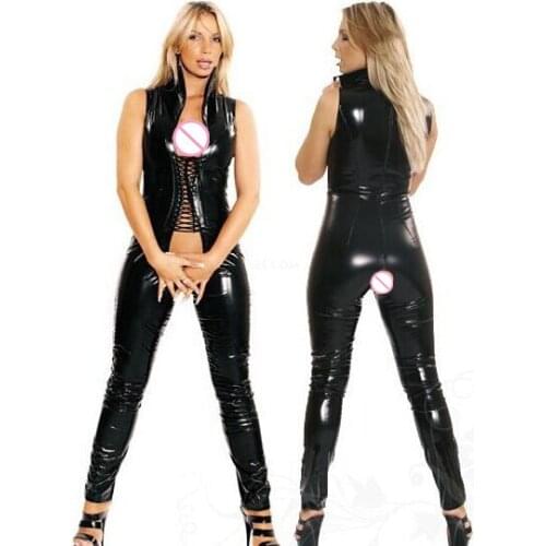 M-XXL Women Sexy Black PVC Latex Jumpsuit Faux Leather Open Crotch Bandage Catsuit Erotic DS Clubwear Pole Dance Bodysuit