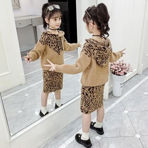 Girls Fashion Leopard Print Knitted Clothing Set Spring Fall Kids Hooded Sweatshirt + Skirt 2 Pcs Children Knitwear Clothes P326