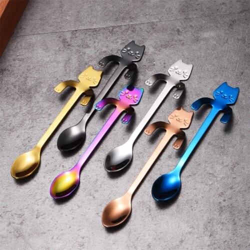 Coffee Spoons Set Teaspoons Accessories Dessert Kitchen Gadgets Stainless Steel Creative Cartoon Cute Cat Handle Can Be Hung