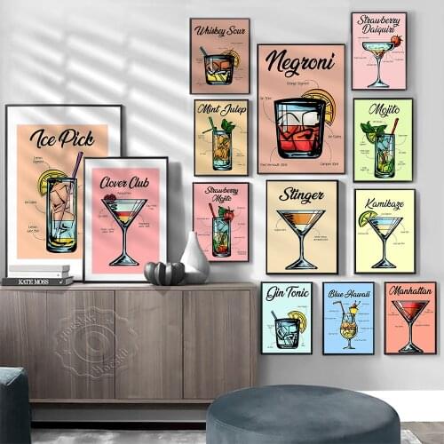 Cocktail Poster, Blue Lagoon Cuba libre Mai Tai Gin Tonic Mojito Ice Pick Stinger Mint Julep Wall Stickers, Bar Pub Club
