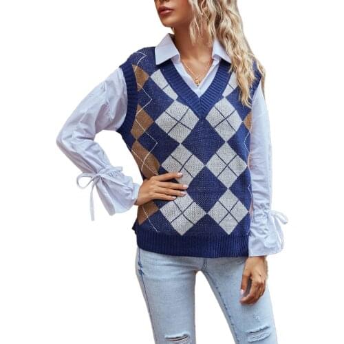 New Arrival Fashion Women Argyle Vest Autumn and Winter Sleeveless V-neck Color Block Tank Top (Royal Blue)