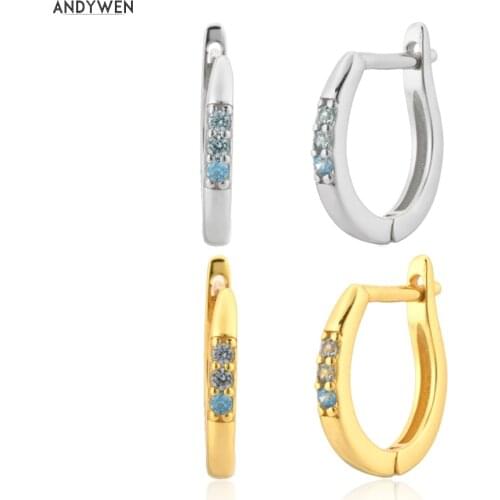 ANDYWEN 925 Sterling Silver Gold 8.5mm Three Blue Huggies Piercing Luxury Crystal Wedding Gift Rock Punk Round Jewelry Gift