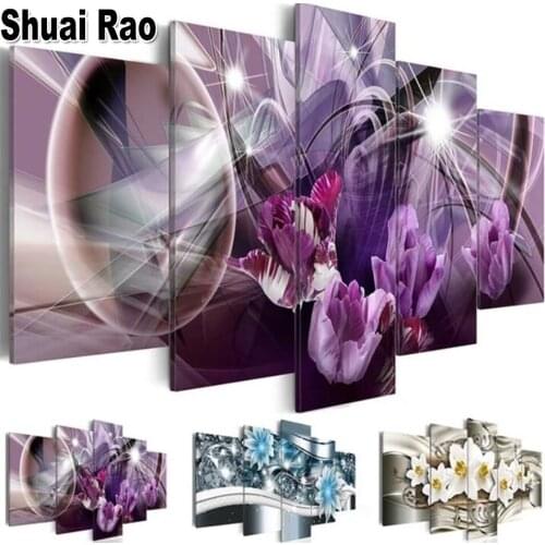 Full Square/Round Diamond Embroidery Purple Abstract Flowers 5D Diamond Painting art 5 Panel Mosaic Diamond Art Flowers