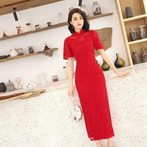 Sheng Coco China Red Wedding Qipao Lace Bright Red Skinny Long Cheongsam Bride Dress Toasting Clothes Oriental Dresses