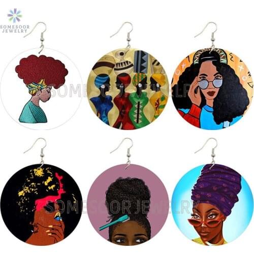 SOMESOOR Cute Black Girly Sister Easy Smile Painted Wooden Drop Earrings Afro Curly Natural Hair Arts Designs For Women Gifts
