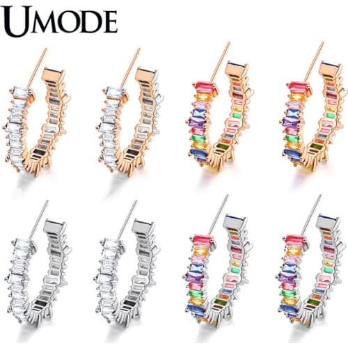 UMODE Fashion New Colorful Zircon Geometric Stud Earrings for Women Champagne Gold Hollow Earring Crystal Jewelry AUE0607