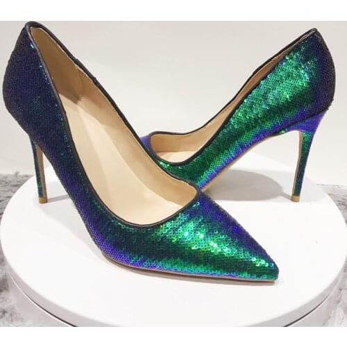Green bling fish scale 12cm high heeled lady pumps pointed toe woman party shoes slip on shoes pumps plus size 45 LF020 CHENSIR9