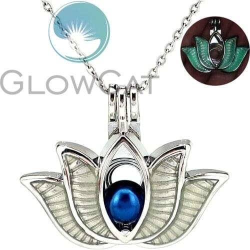 Green Luminous Large Lotus Flower Beads Pearl Cage Locket Pendant Perfume Diffuser Glow in Dark Necklace KK1027