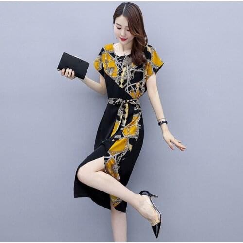 Fashion Summer Womens print Dress O-Neck Short Sleeve A-Line Women Long Dress Split Sexy Sashes Elegant Female Clothes LU1954