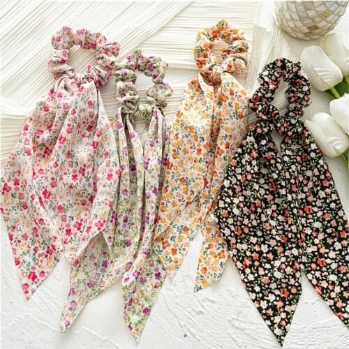 Fashion Chiffon Hair Scarf Scrunchie For Women Knotted Floral Print Ribbon Tie Hair Band Elastic Ponytail Girl Hair Accessories