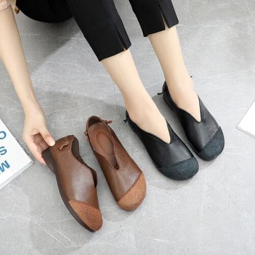 Sen Literary Retro Shoes Women Flat Soft Sole Pedal Cowhide Handmade Womens Shoes Mother Shoes Single Shoes Spring and Autumn