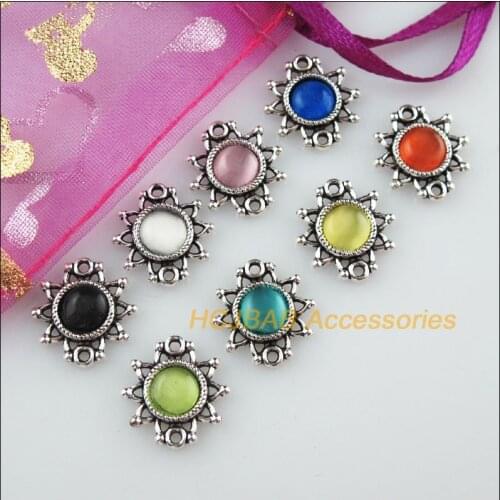 24Pcs Tibetan Silver Flower Mixed CatEye Stone Charms Pendant Connectors 14x15mm