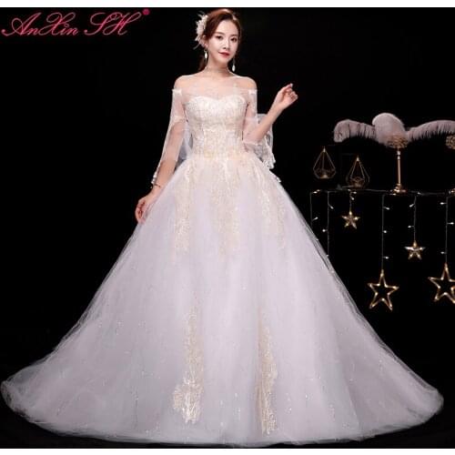 AnXin SH princess flower lace white wedding dress party vintage boat neck half flare sleeve white train lace up wedding dress