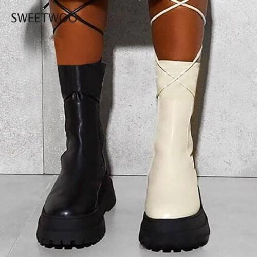 Womens Fashion Boots PU Leather Platform Female Bandage Ankle Boot Zipper Thick Bottom Non Slip Woman Shoes Autumn Winter 2021