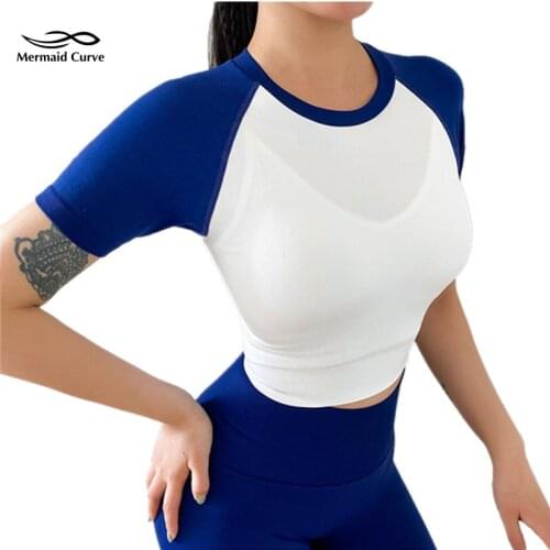 Womens Sports Color Matching Short-Sleeve T Shirts Sexy Crop Top Stretch Tight Fitness Clothes Quick-Drying Running Yoga Shirt